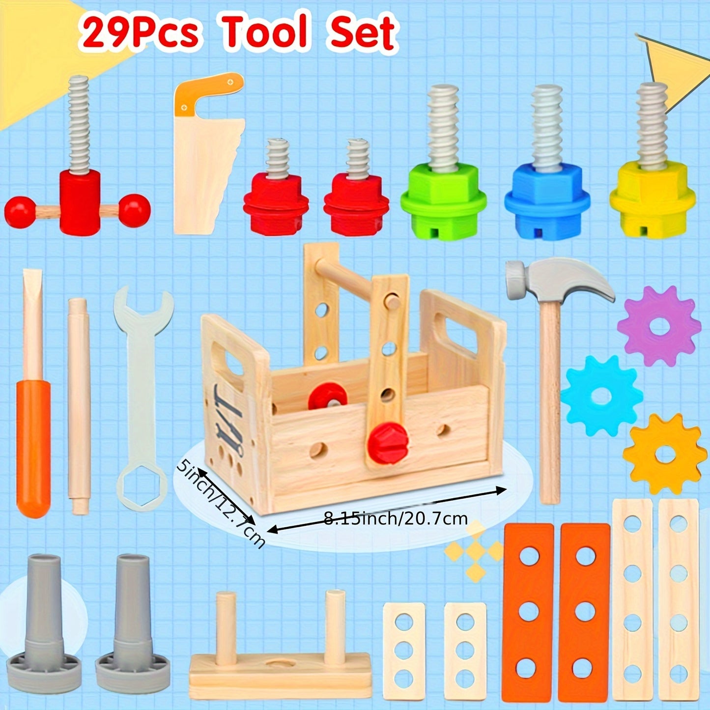 29pcs Wooden Tool With Box, STEM Educational Pretend Play Construction Toy Birthday Gift
الألعاب الخشبية الرائعة للأطفال تعليمية هادفة