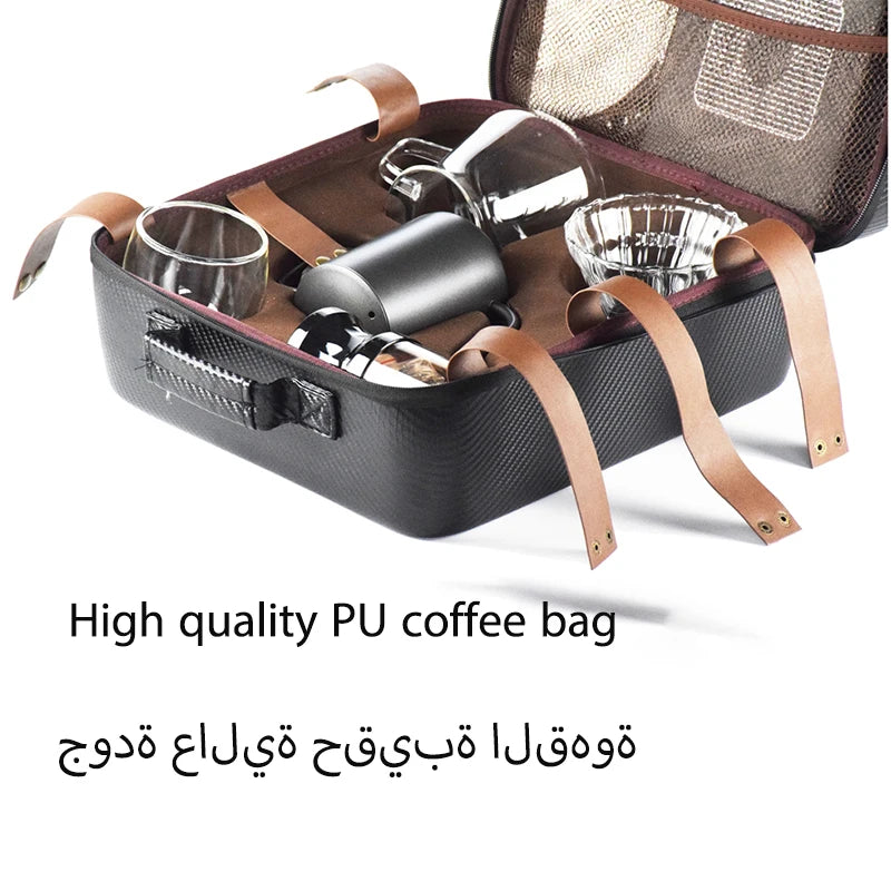 10 Pieces/Set of Travel Coffee Accessories Set Including PU Bags Manual Grinding Cups Filter Cups and Other Outdoor Coffeewar
حقيبة  أدوات القهوة لأصحاب الذوق المخصص