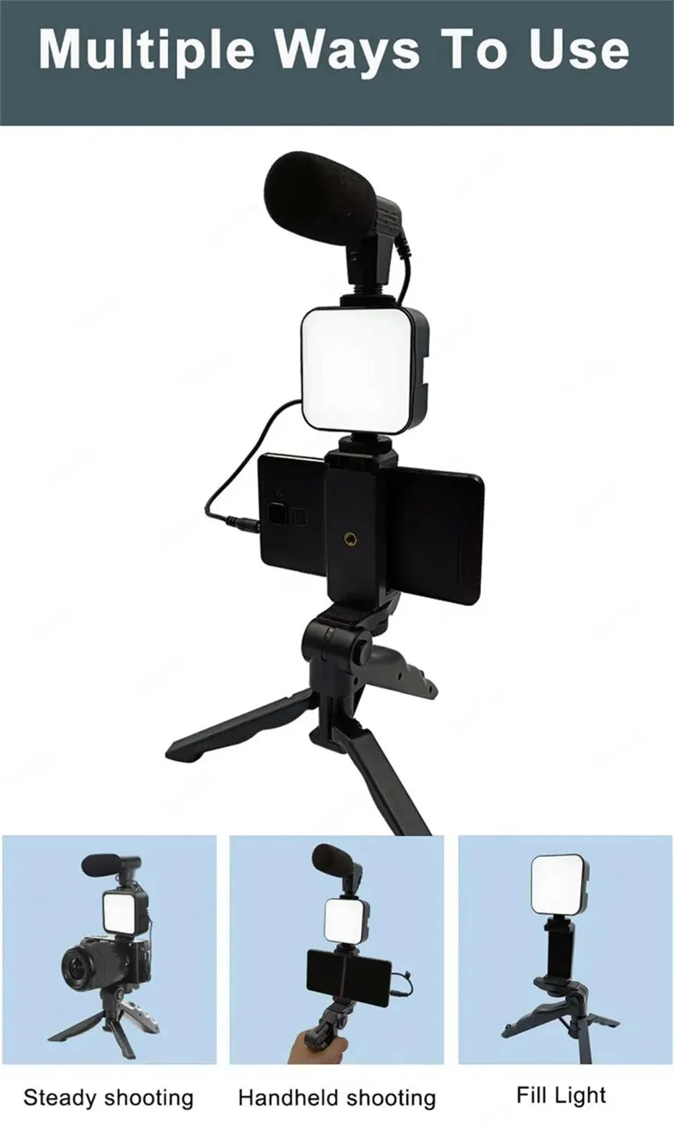 Smartphone Vlogging Kit With Tripod Phone Holder Mini Microphone LED Fill Light Starter For TikTok Live Stream Video YouTube
حامل الجوال متعدد المهام مع اضاءة ذكية وميكروفون