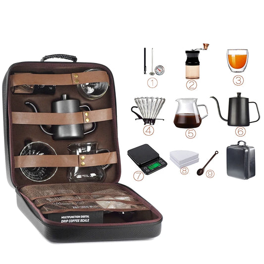 10 Pieces/Set of Travel Coffee Accessories Set Including PU Bags Manual Grinding Cups Filter Cups and Other Outdoor Coffeewar
حقيبة  أدوات القهوة لأصحاب الذوق المخصص