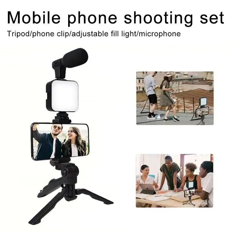 Smartphone Vlogging Kit With Tripod Phone Holder Mini Microphone LED Fill Light Starter For TikTok Live Stream Video YouTube
حامل الجوال متعدد المهام مع اضاءة ذكية وميكروفون