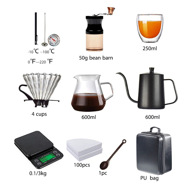 10 Pieces/Set of Travel Coffee Accessories Set Including PU Bags Manual Grinding Cups Filter Cups and Other Outdoor Coffeewar
حقيبة  أدوات القهوة لأصحاب الذوق المخصص